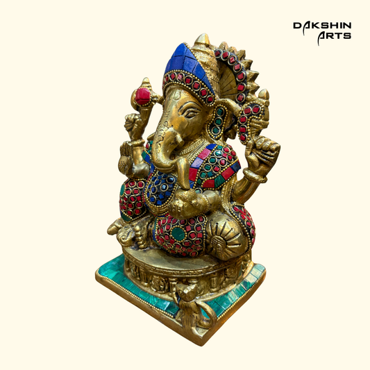 Ganesha Stonework 8"- Brass Ganesha