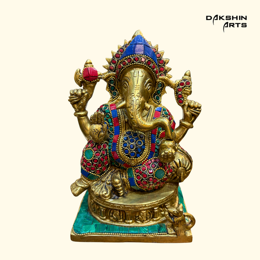 Ganesha Stonework 8"- Brass Ganesha