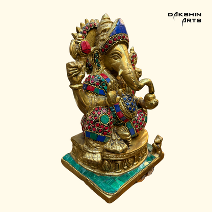 Ganesha Stonework 8"- Brass Ganesha