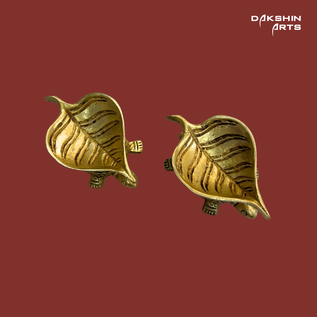 Brass Leaf Diya with Tortoise (Set of 2) - Dakshin Arts