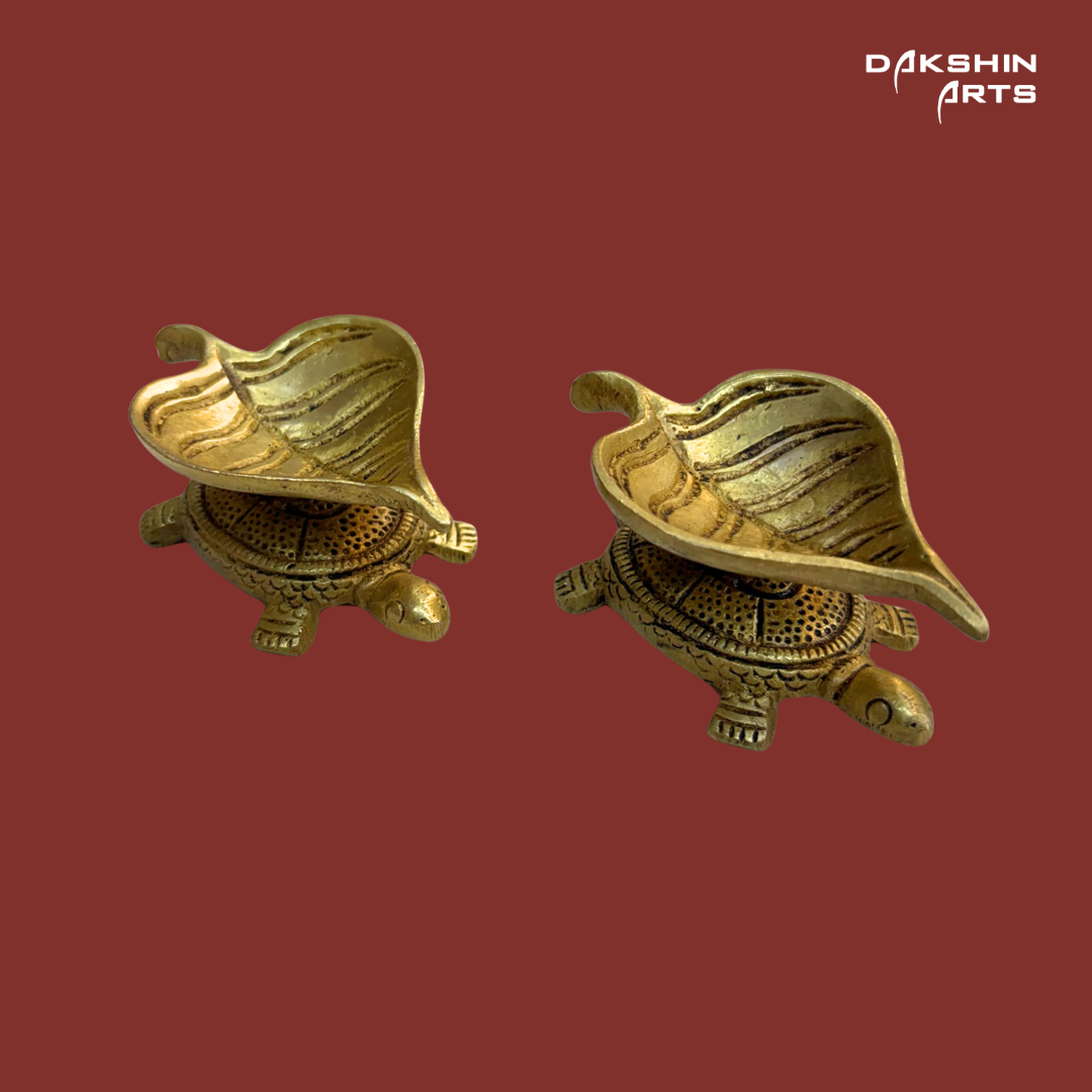 Brass Leaf Diya with Tortoise (Set of 2) - Dakshin Arts