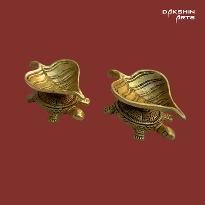 Brass Leaf Diya with Tortoise (Set of 2) - Dakshin Arts